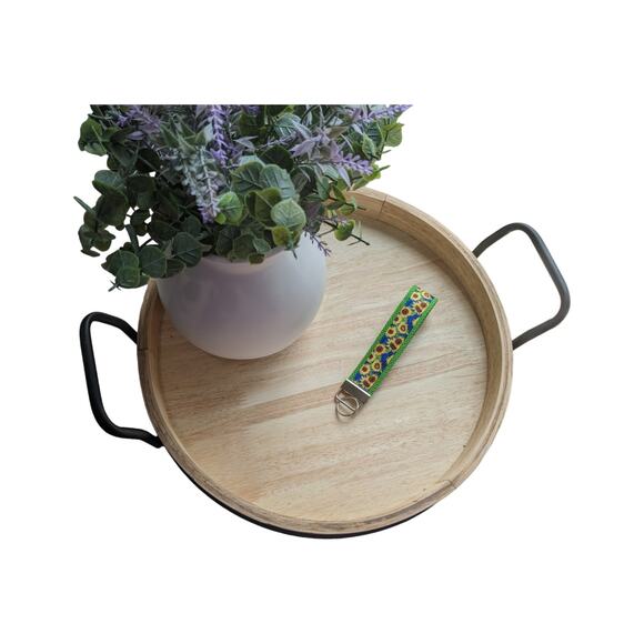 Sunflower Keychain Wristlet Feather Boho Fabric Key Ring FOB Green Floral Gift - Picture 2 of 7